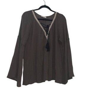 Millibon USA Womens L Boho V-Neck Lace-Up Blouse Brown 100% Rayon